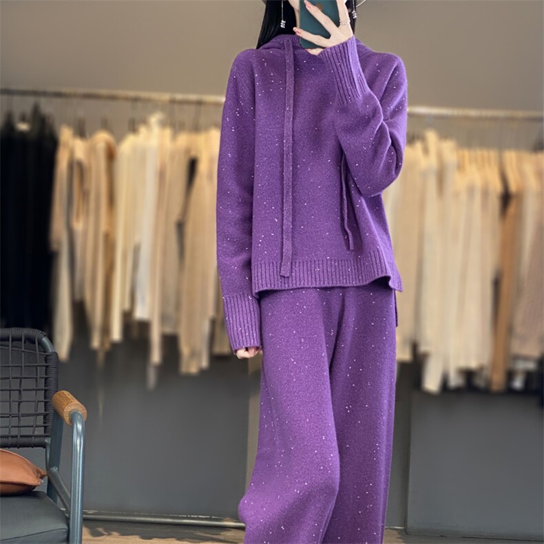 羊范秋冬加厚羊毛针织卫衣阔腿裤两件套女连帽豆子纱时尚套装,女装套装/套裙,宛庄羊绒