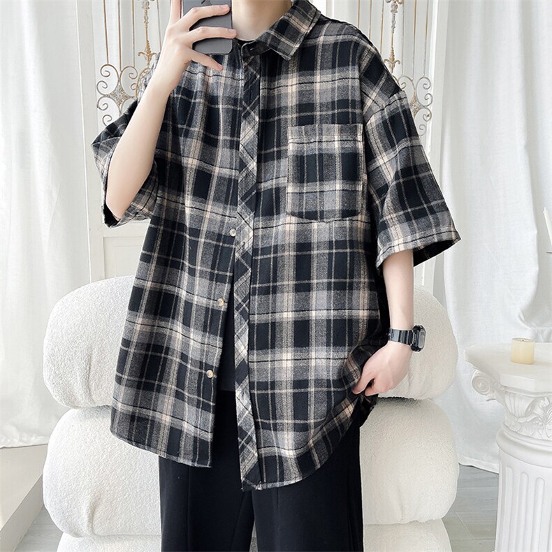 黑色格子衬衫短袖男夏季薄款美式经典vintage休闲五分袖衬衣外套，男装衬衫，电商A007