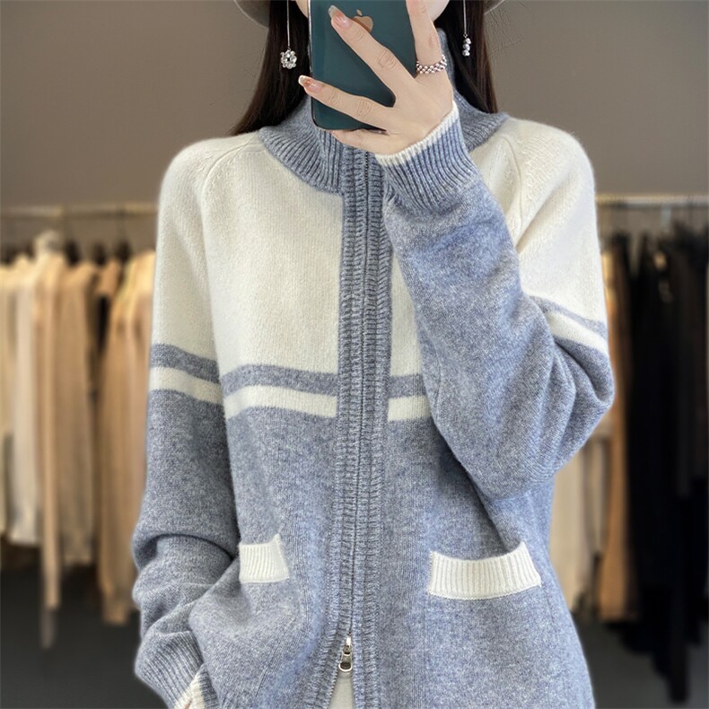 2025秋冬百搭时尚半开高领拉链开衫，女装针织衫/毛衣，浙麦羊绒