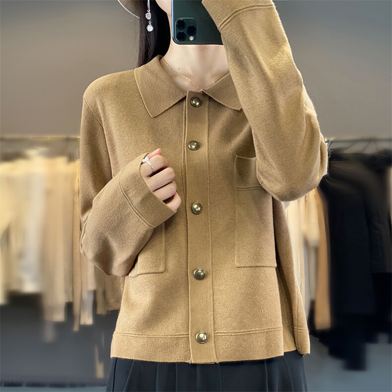 针织开衫女春秋2024新款长袖衬衫领短款柔软舒适宽松百搭毛衣外套,针织衫/毛衣,佳绒包芯纱店