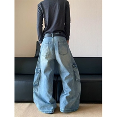 美式复古工装牛仔裤女秋季辣妹高街设计感宽松显瘦高腰直筒阔腿裤，男装牛仔裤，星座813-2