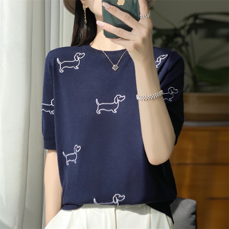 圆领拼色精纺羊毛针织短袖女夏季新款小狗图案半袖T恤宽松打底衫,针织衫/毛衣,大美人包芯纱店