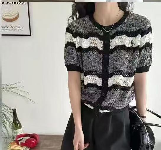 女士夏季通勤简约舒适百搭AB花沙条纹短袖图片