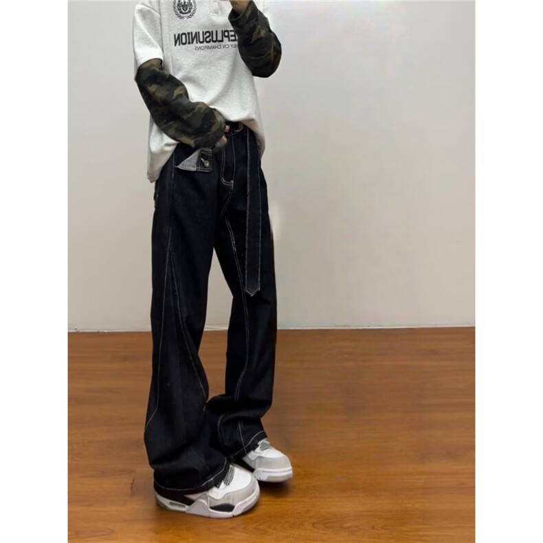 美式插袋原色牛仔裤男垂感阔腿裤微喇牛仔裤送腰带AK532-P53,男装牛仔裤,星座1001-1