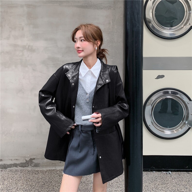 复古韩版皮衣女2025秋装新款中长款外套PU皮夹克今年流行黑色外套,女装短外套,意芙