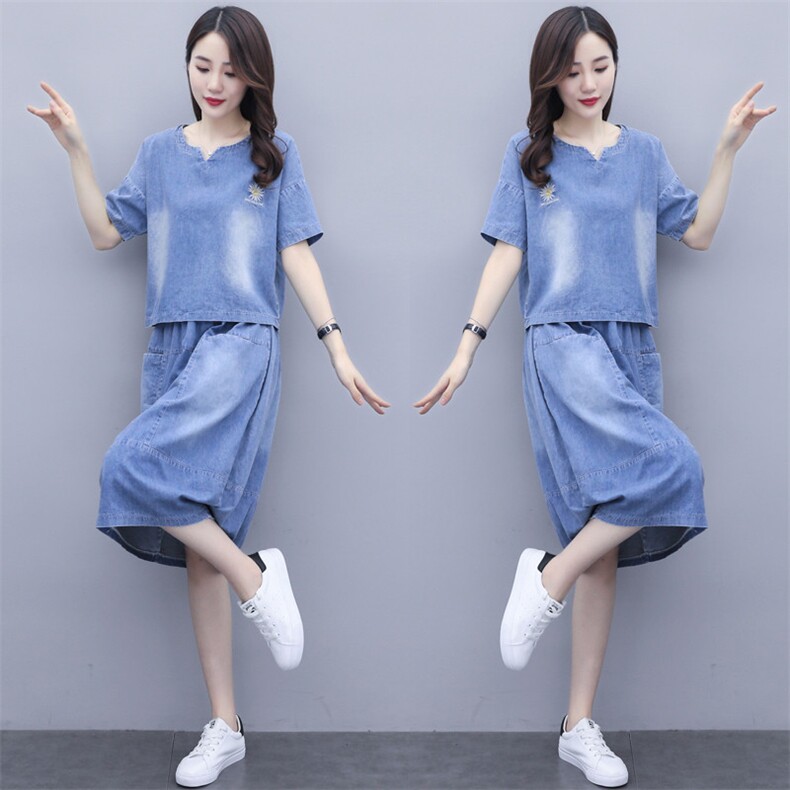 2021年夏季中腰常规时尚百搭潮流牛仔休闲裙套装,女装套装/套裙,凝聚力