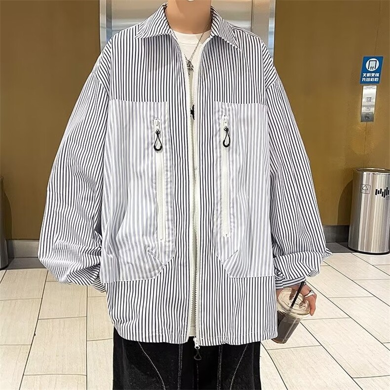 夹克男韩版潮流条纹拉链高街帅2023春秋新款ins宽松外套W4779-P50,男装夹克,星座412-3
