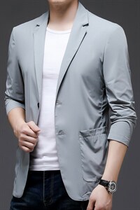 夏季新款男士商务休闲防晒服薄款上衣中青年百搭纯色长袖西服外套图片