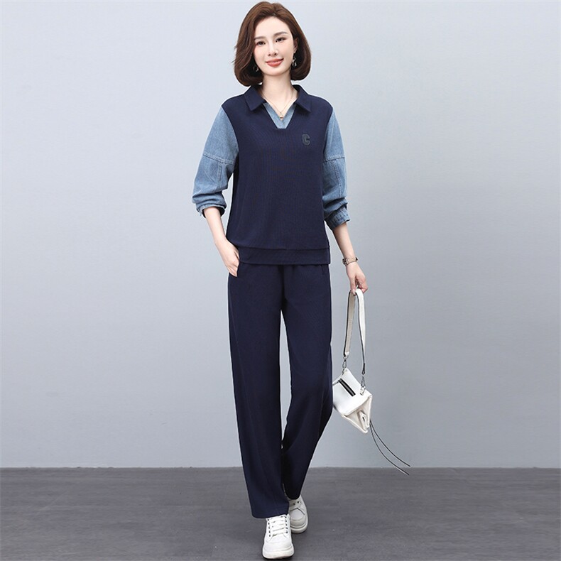 卫衣套装女款20245春秋新款休闲牛仔拼接翻领两件套,女装套装/套裙,忆绮罗
