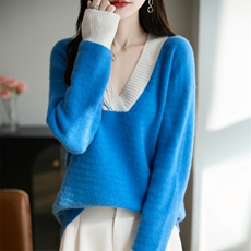 2025年秋季长袖拼色大V领时尚百搭通勤休闲，女装羊毛衫，秋双羊绒