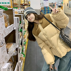 高级感撞色短款泡芙羽绒服女冬2024新款超好看白鸭绒面包服厚外套，女装羽绒服，2C372
