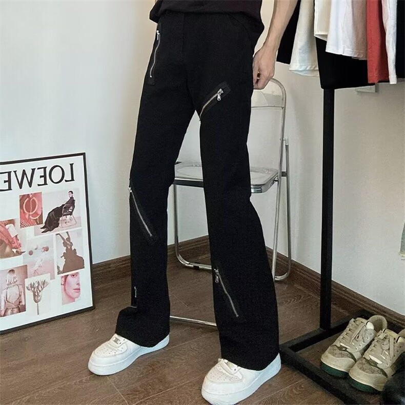 小众设计感高街暗黑风拉链黑色微喇叭牛仔裤裤子W6087P48,男装牛仔裤,星座1112-1