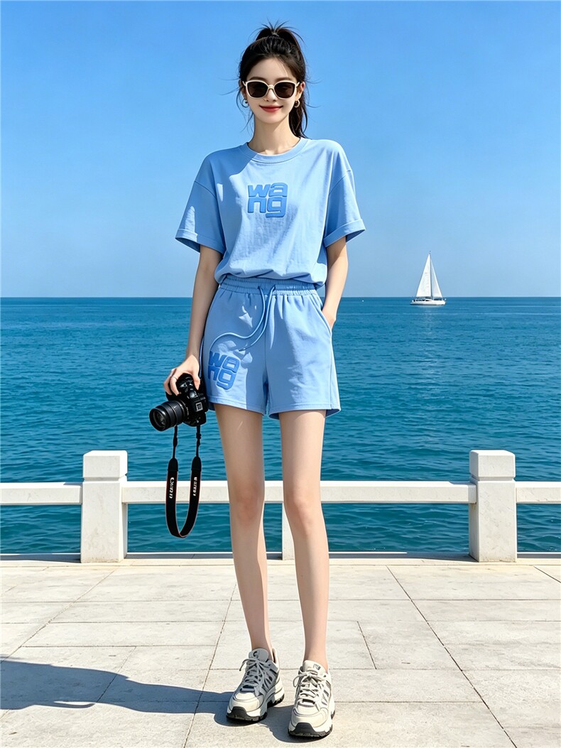 慵懒风休闲运动套装女夏新款百搭圆领刺绣印花短袖上衣短裤两件套,女装套装/套裙,江南