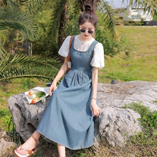 女童裙子套装夏季2024新款儿童牛仔连衣裙泡泡袖短袖T恤两件套潮，女装套装/套裙，慧尚依恋