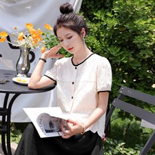衬衫女夏2025夏季高级感气质减龄显瘦花边撞色短袖上衣，女装衬衫，木子恋