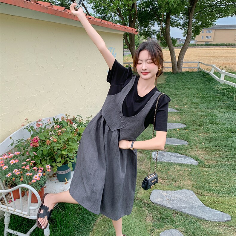 小众设计感拼接马甲裙子女夏季2025新款韩版休闲假三件连衣裙,女装连衣裙,C位