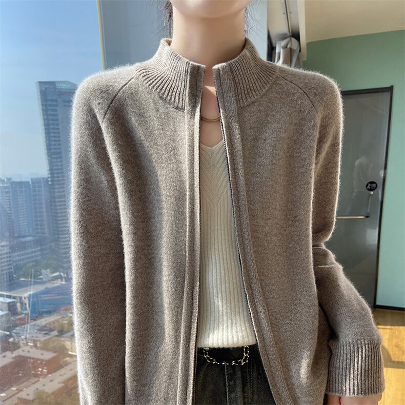 25秋冬新款半高领双拉链100%纯羊毛开衫女加厚宽松羊绒衫外搭毛衣,女装羊毛衫,斯尔特羊绒