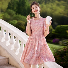 法式优雅泡泡袖连衣裙女2025年夏季新款高腰百搭中长裙潮，女装连衣裙，梦懿尔