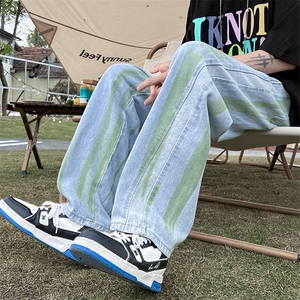 扎染牛仔裤男直筒宽松港风ins潮牌高街风阔腿裤长裤子潮N1308-p45