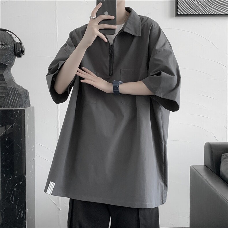 半拉链polo衫短袖男生夏季薄款日系t恤大码潮牌衬衫五分袖上衣服图片