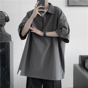 半拉链polo衫短袖男生夏季薄款日系t恤大码潮牌衬衫五分袖上衣服图片