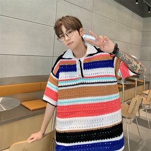 C347-P35 夏季镂空条纹上衣2024新款彩色翻领针织衫polo衫男现货图片