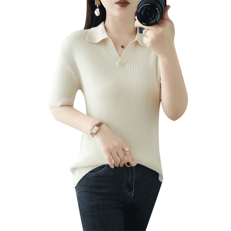 100%纯棉25年夏新款女POLO领短袖针织衫修身打底百搭薄款半袖上衣,女装T恤,品高羊绒