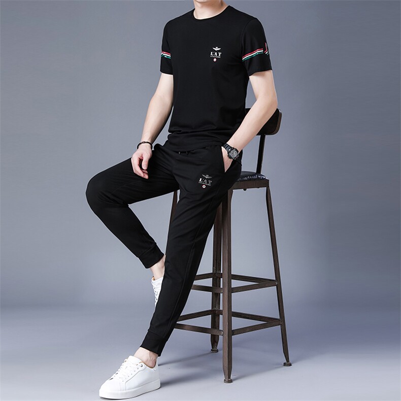 短袖T恤2023夏季新款潮流宽松休闲半袖套装中年男士体恤长裤男装，男装休闲套装，电商B212（原钱塘6029）