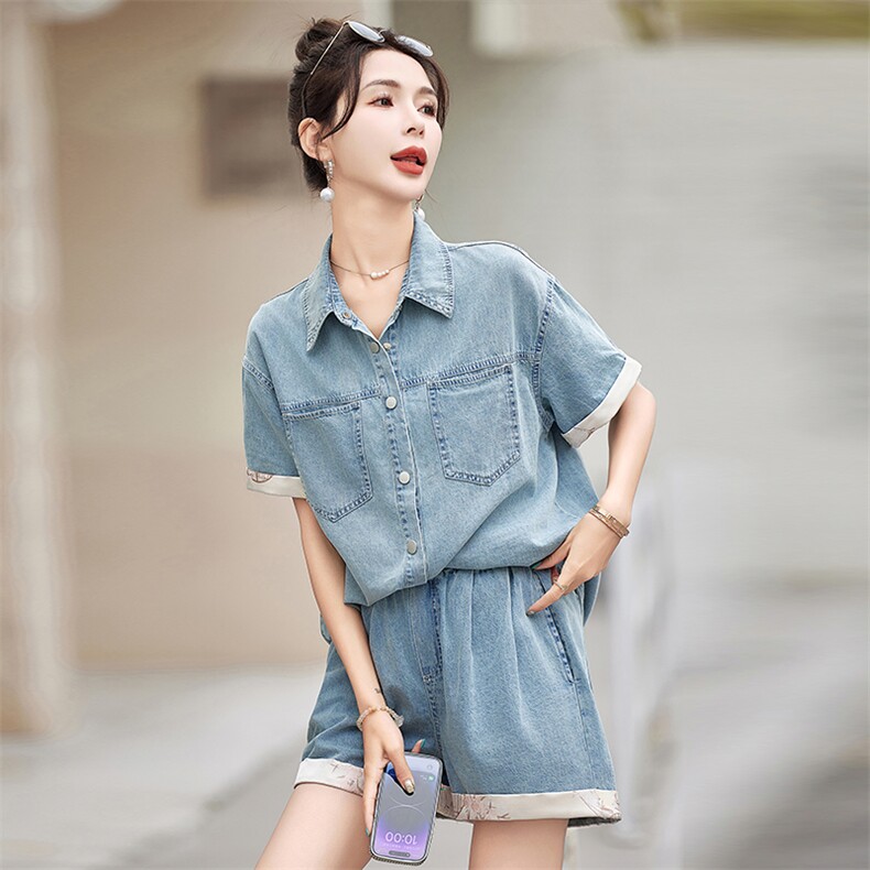 短袖牛仔衬衫套装女2026夏季新款小个子港风复古阔腿短裤两件套潮,女装套装/套裙,微微衣阁