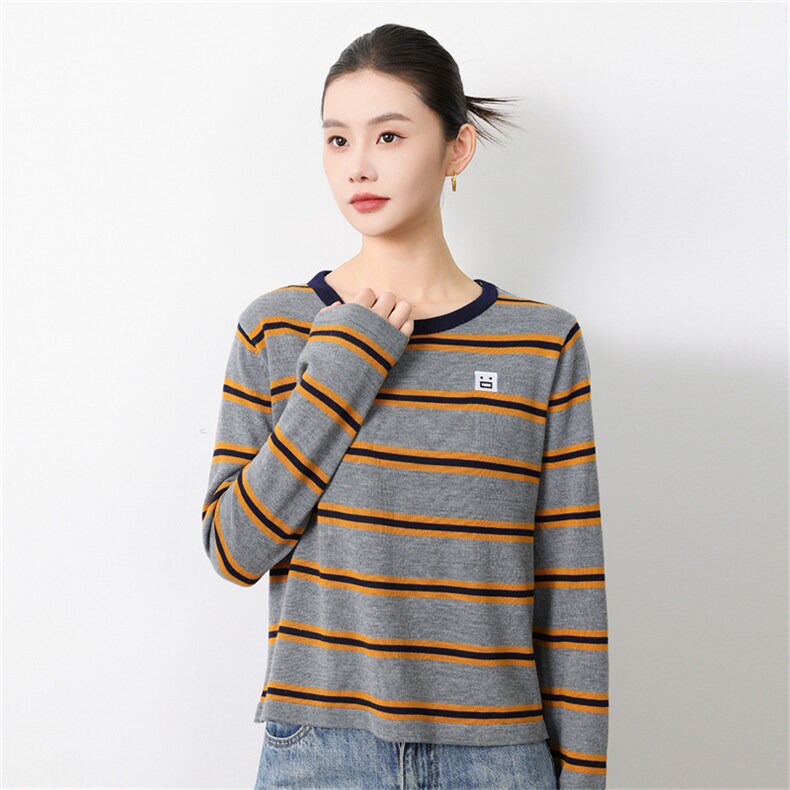 法式条纹圆领针织衫女2025新款长袖保暖打底毛衣洋气百搭毛衫上衣，女装针织衫/毛衣，菲奥羊绒
