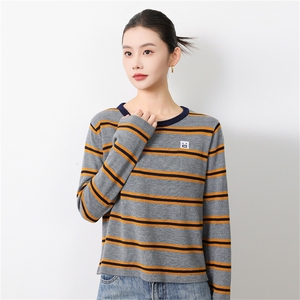 法式条纹圆领针织衫女2025新款长袖保暖打底毛衣洋气百搭毛衫上衣，女装针织衫/毛衣，菲奥羊绒