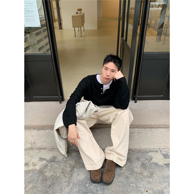 P10-P51秋冬美式复古假两件半开衫设计感长袖t恤男女针织,男装T恤,电商B323A