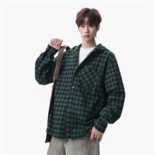 衬衫男春季新款港风宽松连帽大码格子长袖衬衣CS1981-P42，男装衬衫，星座214-3