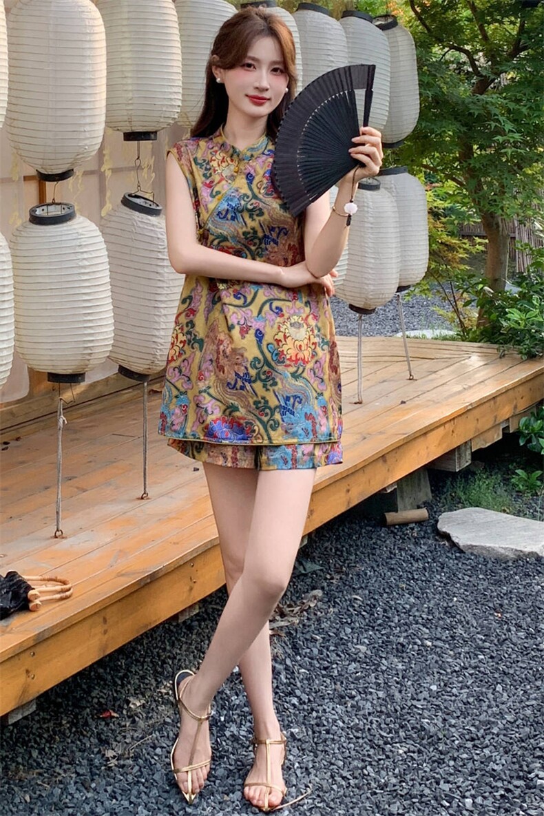 2025年夏季新款新中式古风高级感气质减龄无袖短裤两件套,女装套装/套裙,心心服饰
