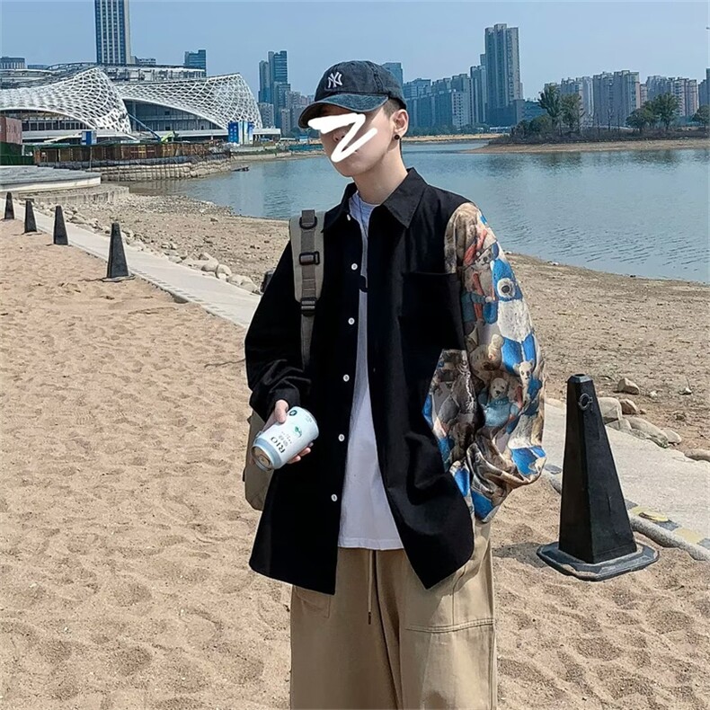 衬衫男长袖小熊拼接衬衣秋季潮牌日系复古衬衣情侣外套W5971-P28,男装衬衫,星座512-2