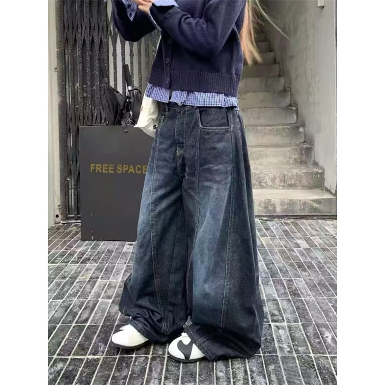 美式复古水洗弯刀牛仔裤女春秋款辣妹高街设计感宽松阔腿拖地裤子图片
