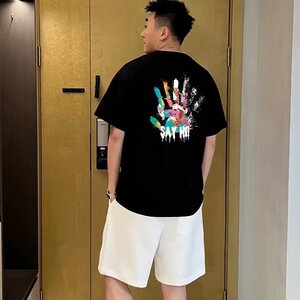 趣味色彩涂鸦重磅圆领短袖印花潮流新款情侣装体恤衫宽松百搭图片