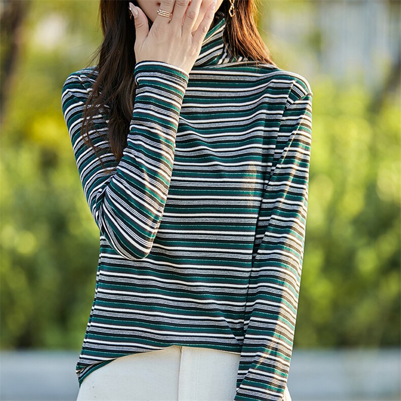 双面德绒磨毛条纹堆堆领打底衫女秋冬新款高领内搭撞色保暖上衣,女装T恤,佳绒高端店
