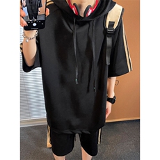 休闲运动连帽短袖套装上衣T3634特P31控59/裤子DK8608特P26控49，男装休闲套装，电商A007
