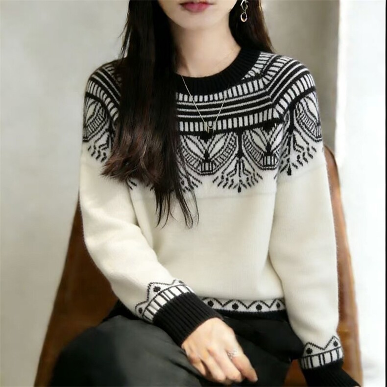 2026年秋季套头时尚百搭通勤休闲圆领黑白提花，女装针织衫/毛衣，暖姿羊绒