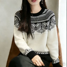2026年秋季套头时尚百搭通勤休闲圆领黑白提花，女装针织衫/毛衣，暖姿羊绒