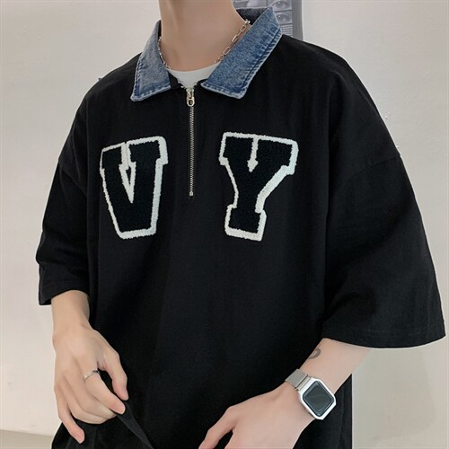 夏季美式复古刺绣t恤小众男潮牌半拉链牛仔领情侣短袖T970-P35,男装T恤,星座512-2