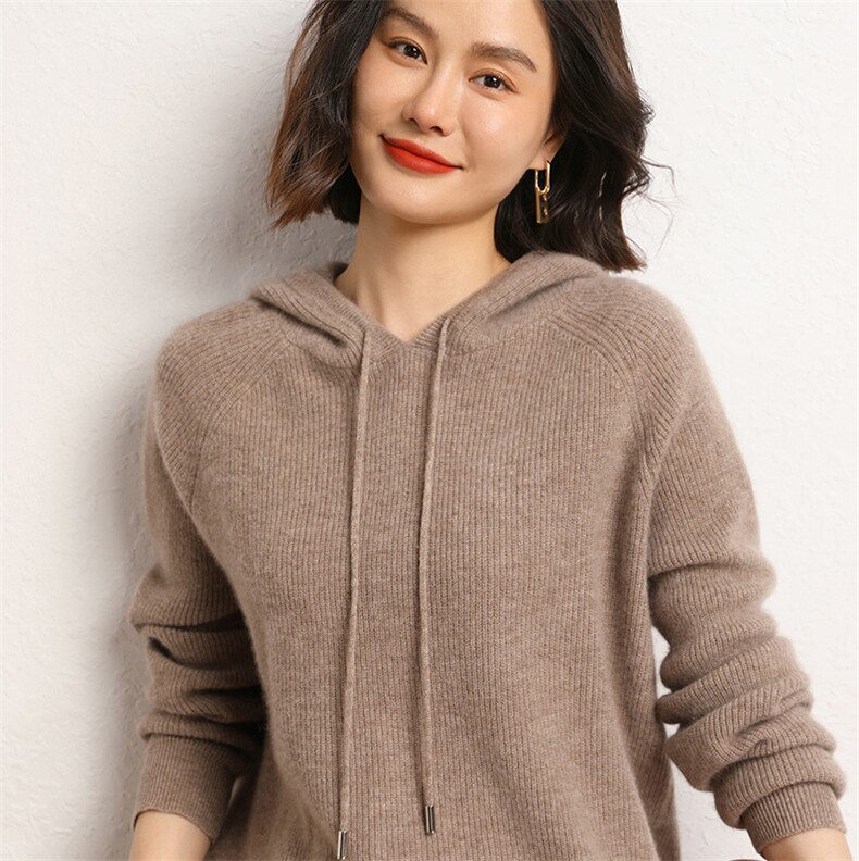 连帽毛衣女秋冬2024新款宽松慵懒风针织衫长袖羊绒衫,女装羊绒衫,五色羊羊绒