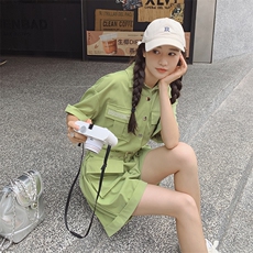 果绿色收腰显瘦连体短裤女2023夏季新款韩版小个子炸街工装连衣裤，女装连体裤，2C037