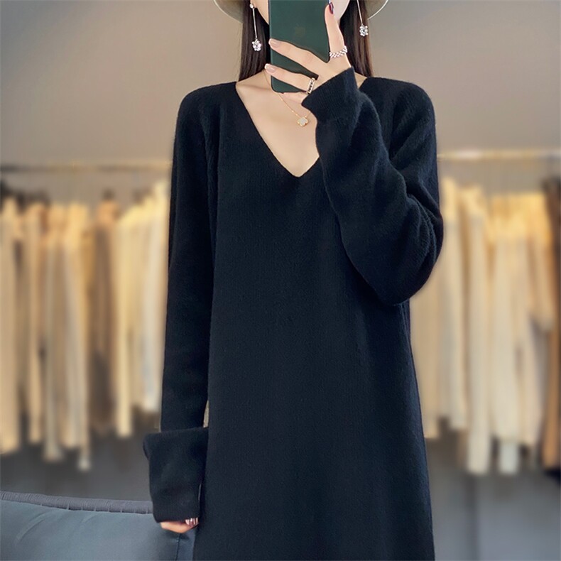 24秋冬新款V领羊毛衫女中长款气质显瘦针织毛衣连衣裙,女装连衣裙,蒙莲贝斯