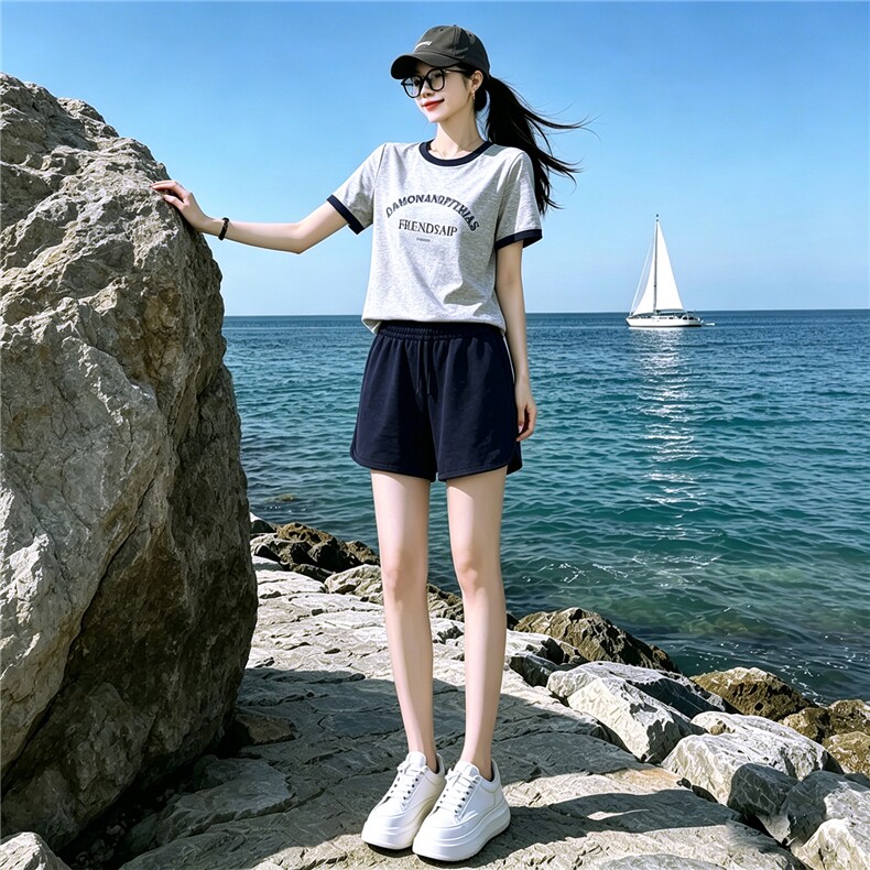 休闲时尚运动套装女夏新款圆领字母印花短袖上衣蓝色短裤两件套潮,女装套装/套裙,江南