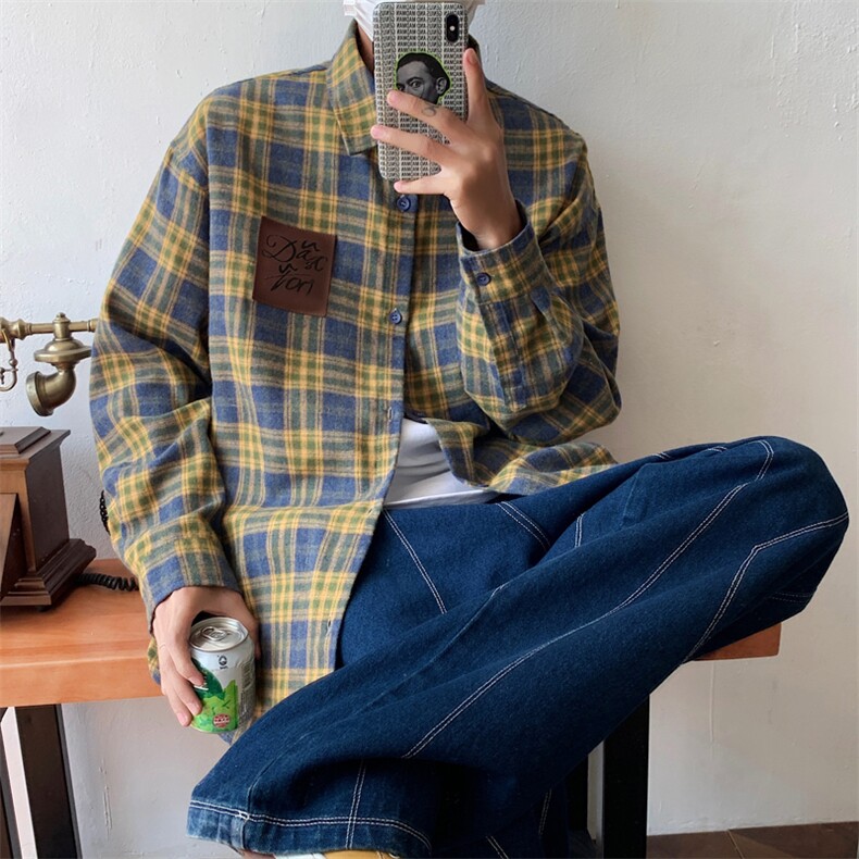 日系复古痞帅格子衬衫男春秋季长袖衬衣oversize小众外套MC18-P33,男装衬衫,星座1008