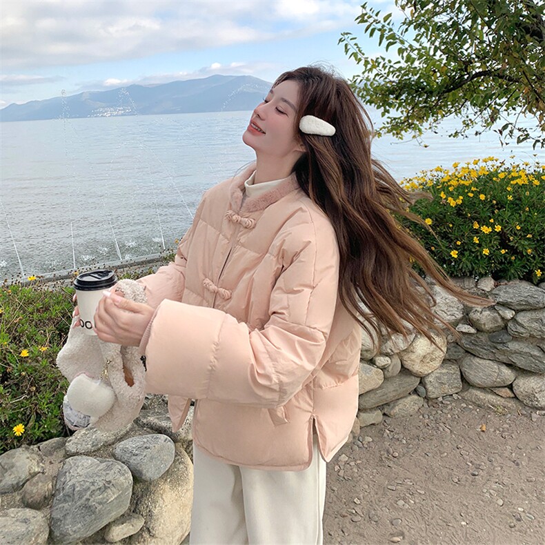 粉色新中式盘扣减龄羽绒服女2025冬季新款小个子保暖气质休闲外套,女装羽绒服,2C010