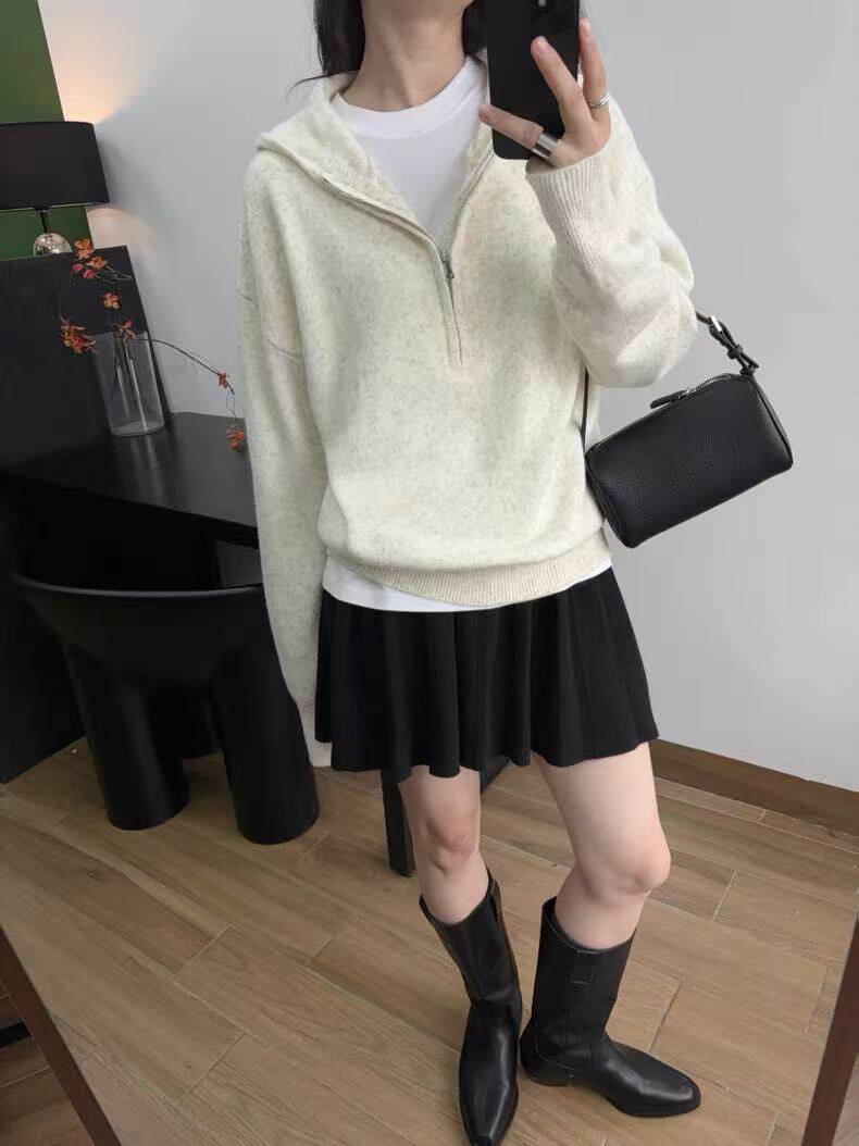 2025秋冬百搭简约连帽彩点时尚套头半开领，女装针织衫/毛衣，秀阁羊绒