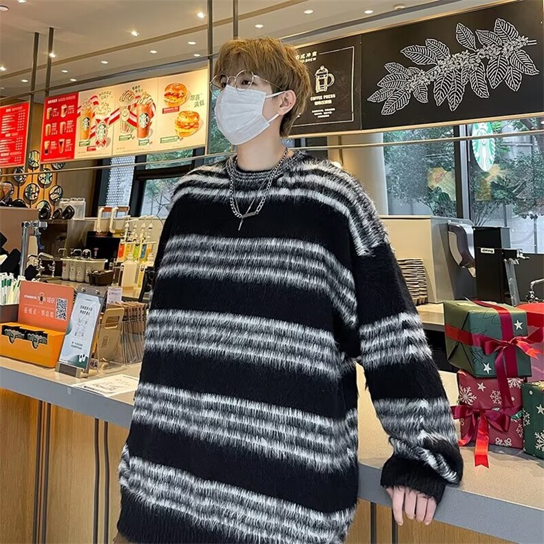 水貂绒条纹圆领毛衣男士秋冬季韩系潮牌宽松慵懒风情侣针织衫外套,男装针织衫/毛衣,星座410-6（原星座1304-1）